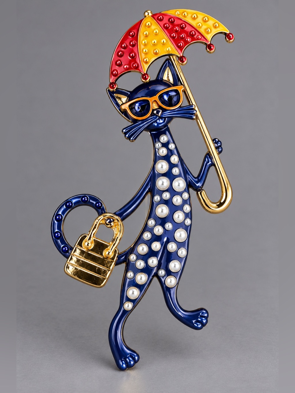 Blue Cat with Umbrella Enamel Brooch - Fashion Pet Accessory